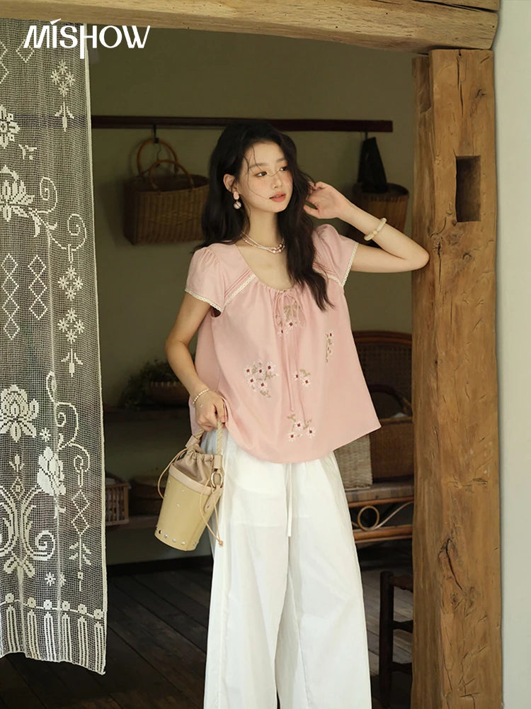 MISHOW Embroidery Flower Blouse O-Neck Lace Up Flying Sleeve MXE39X1880