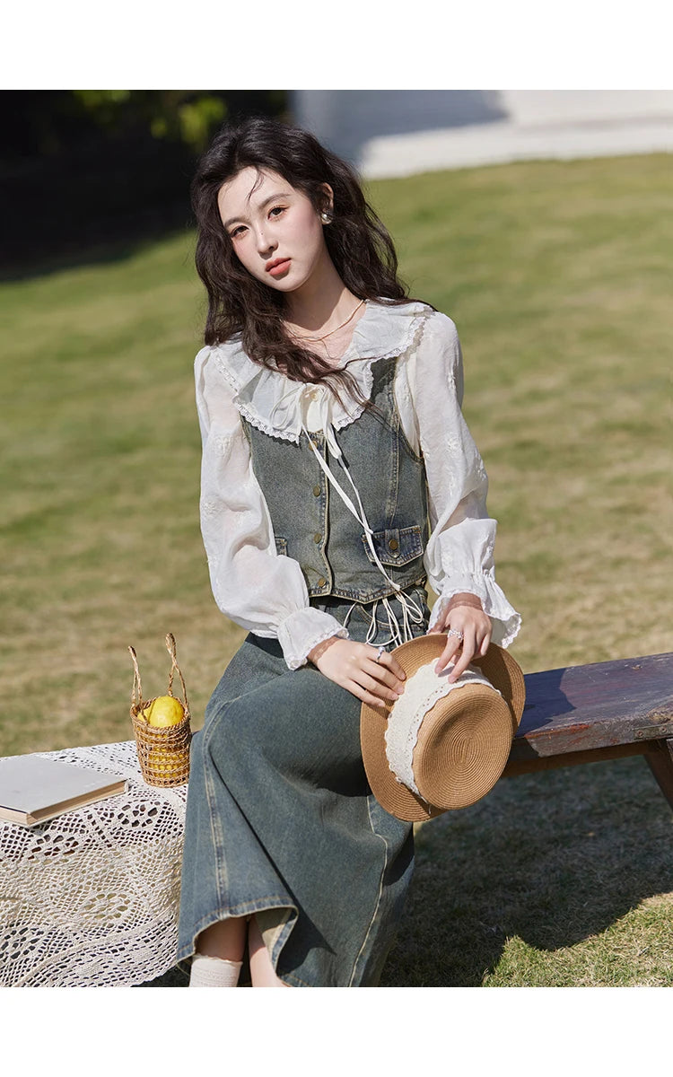 Mishow Korean Denim Vest Coat & Slim A-Line Midi Skirt Set MXE13W0731