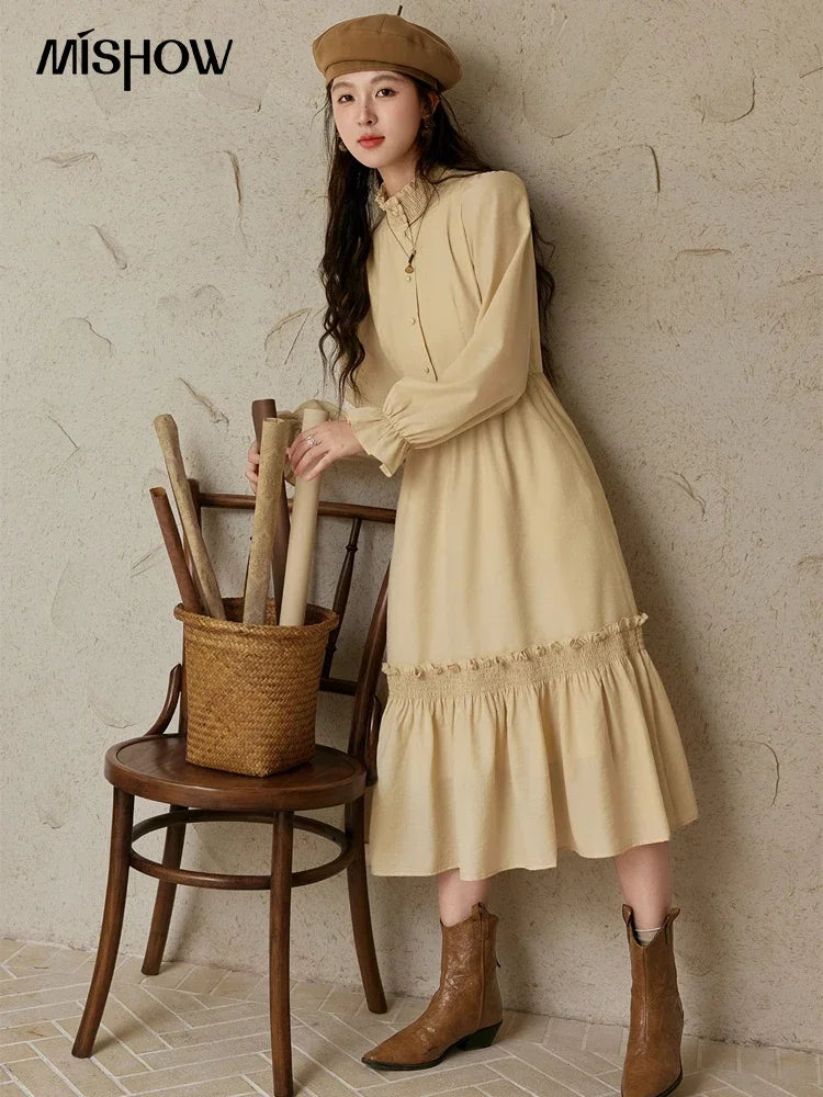 Mishow French Stand Neck Lotus Leaf Sleeve Dress MPD42L2036