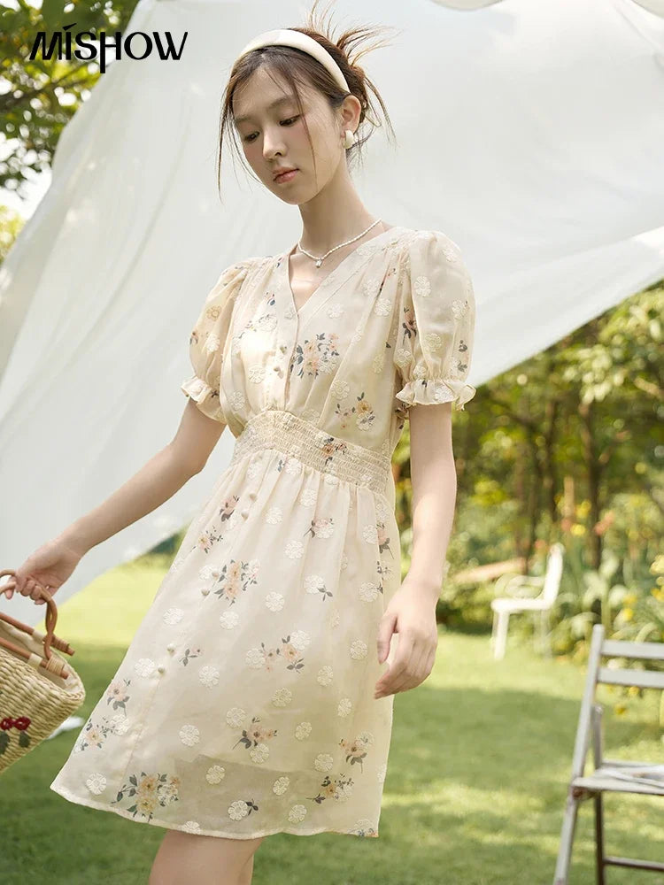 Mishow French Floral Embroidered Petal Sleeve Dress MXC38L1424