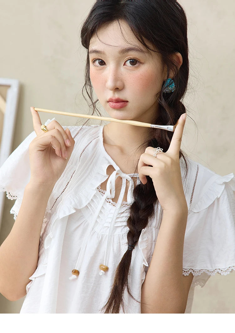 MISHOW White Lace Up Blouse Butterfly Sleeve Hollow Lace MXE34X1784