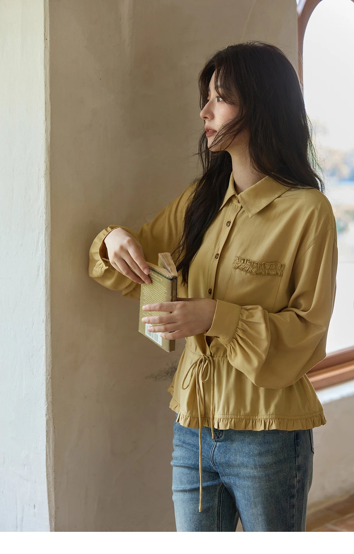 MISHOW Yellow Drawstring Waist Shirt Lapel Lantern Sleeve MXE42C2368