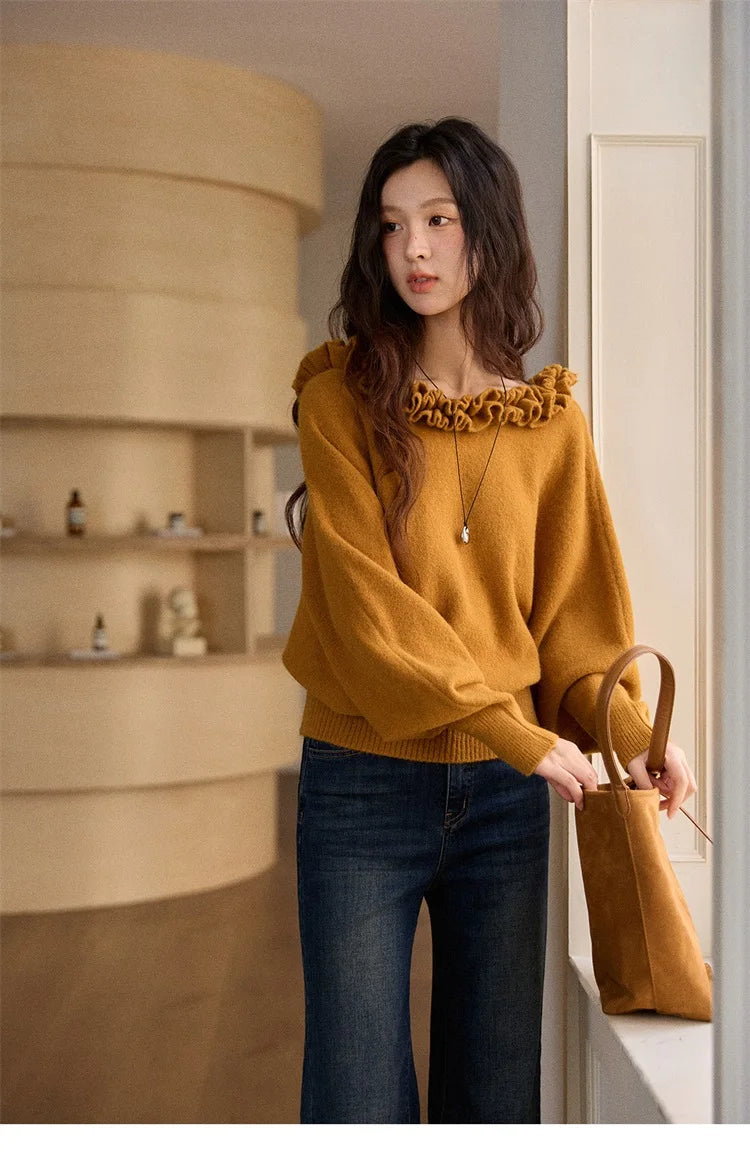 Mishow Orange Lotus Edge Lantern Sleeve Pullover MXE86Z2726