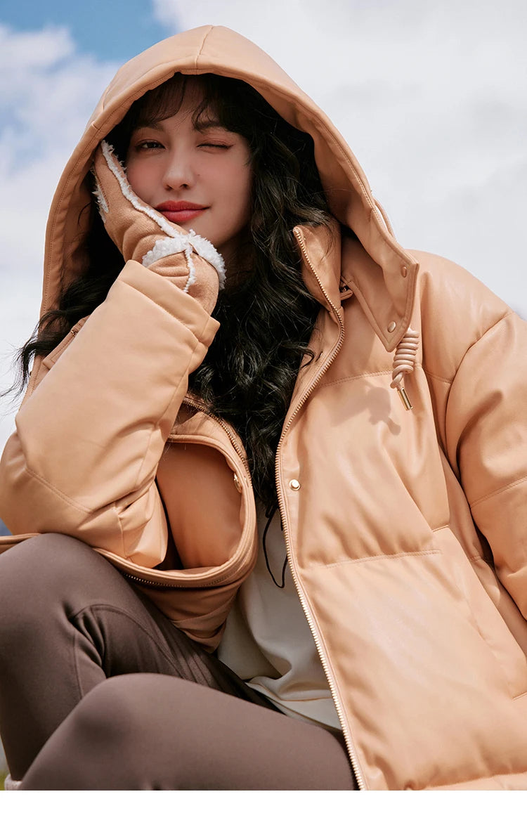 Mishow Hooded Imitation Leather Short Down Jacket MXC52Y0008