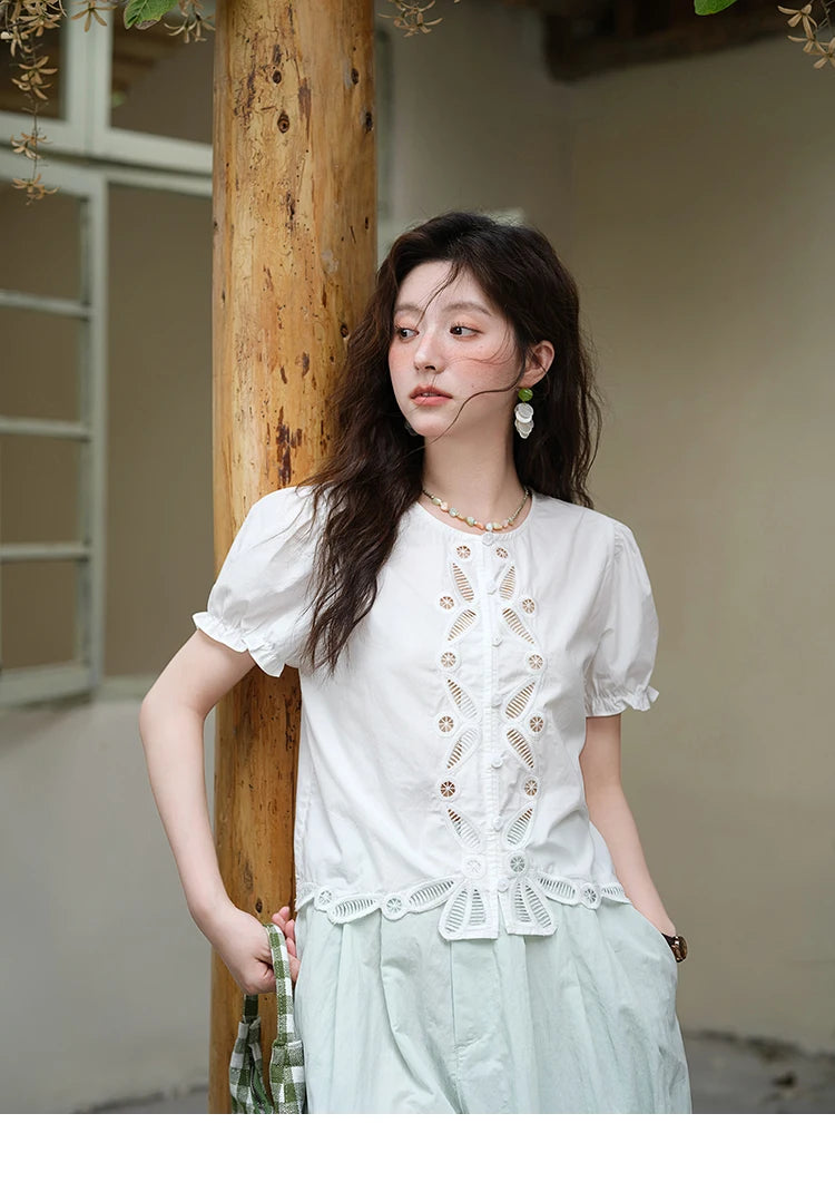 MISHOW 100% Cotton Hollow Embroidery Round Neck Puff Sleeve MXE39X1938