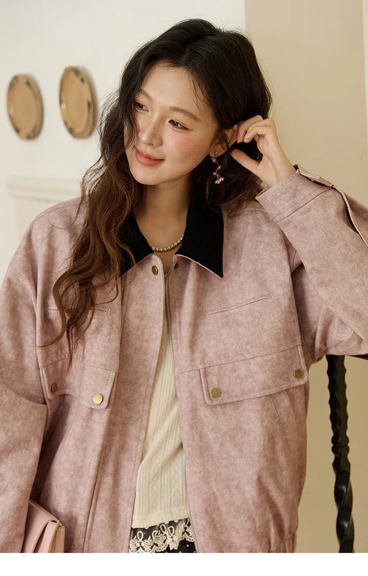 MISHOW Pink Purple Collision Lapel Jacket Suede Metal Zipper Elastic Hem MXE46W0865