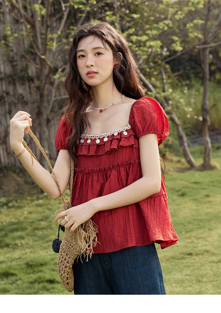 MISHOW Square Collar Puff Sleeve Tiered Blouse MXE33X1763