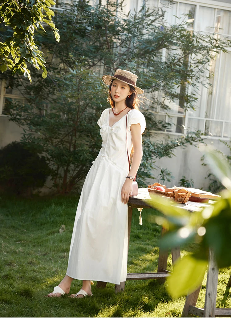 Mishow V-Neck Puff Sleeve Solid Vacation Dress MXE39L2384