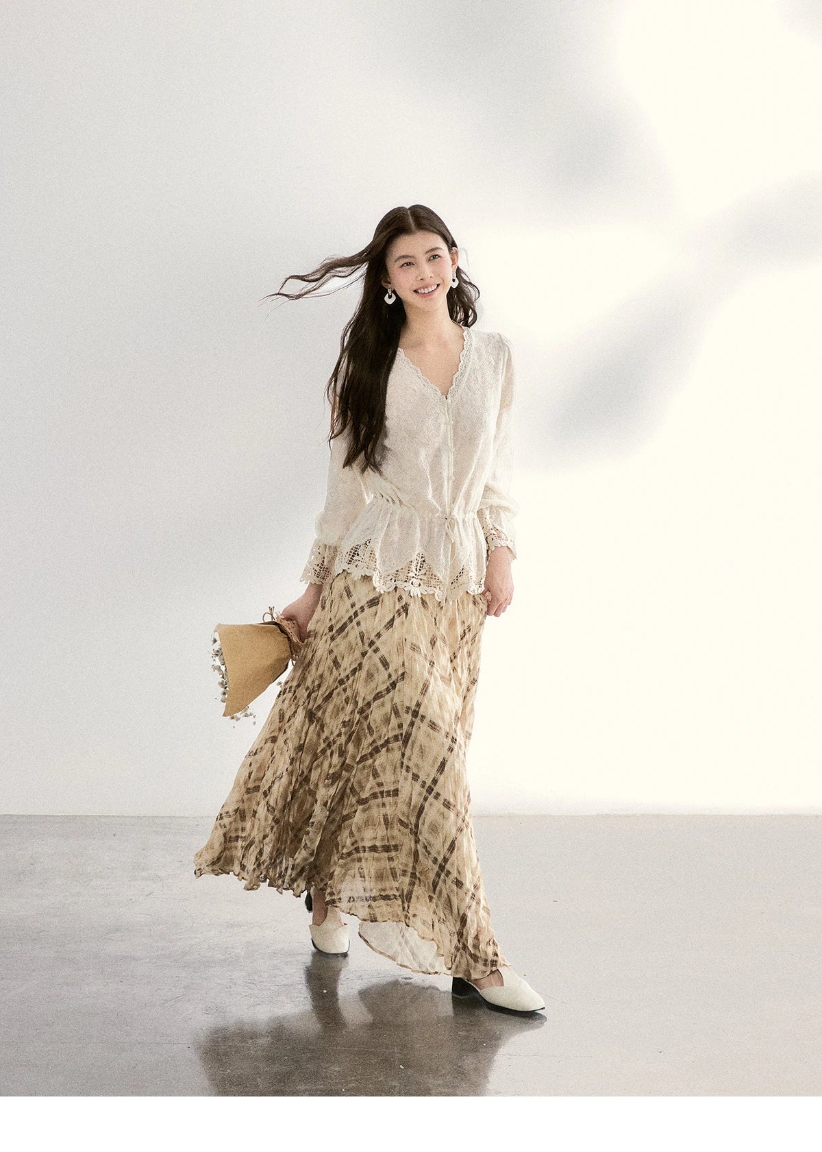 MISHOW Lace V-Neck Blouse Drawstring Waist Ruffled Hem MXF108X0998
