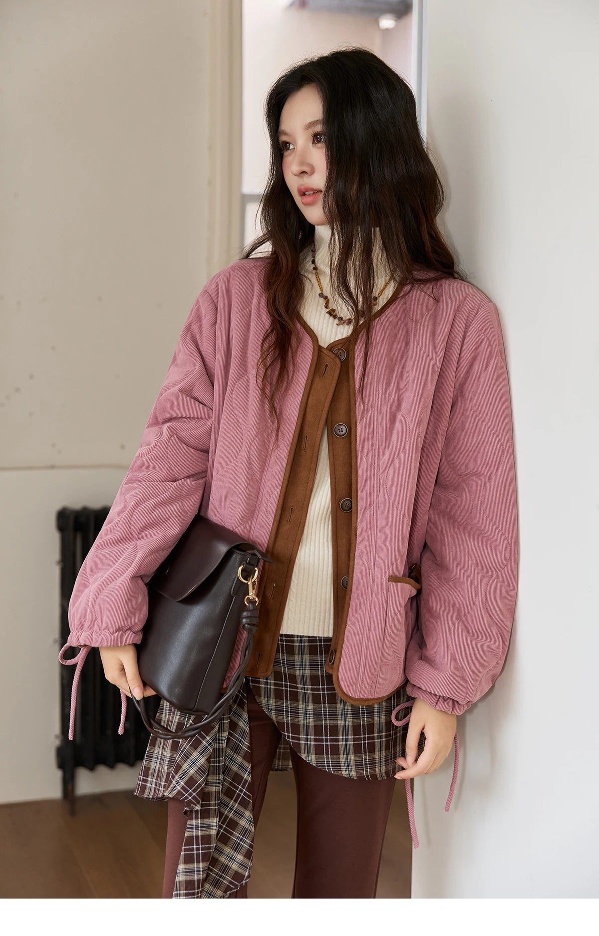 MISHOW Pink Purple Corduroy Jacket Gourd Pattern Splicing Suede MXE88W0882