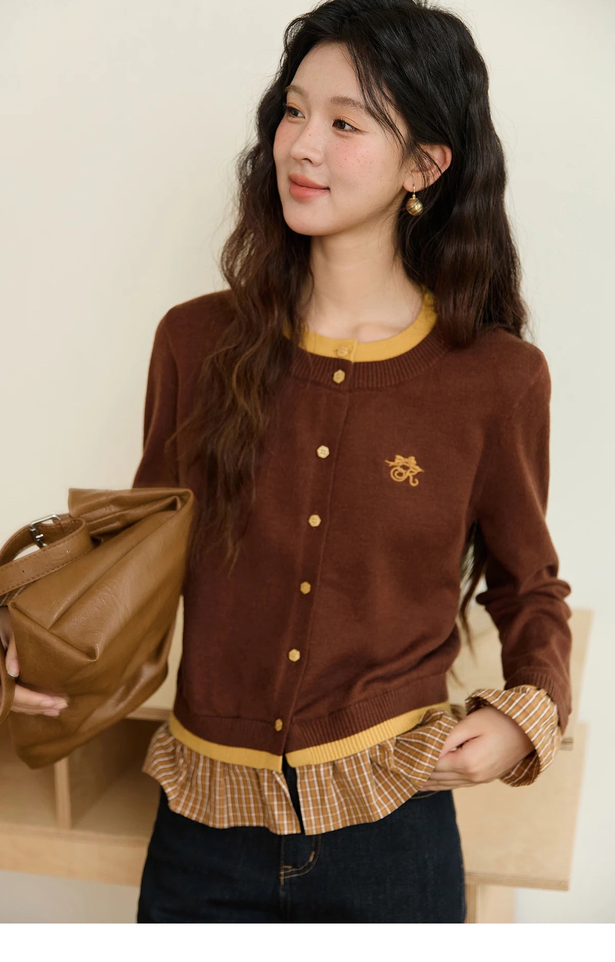 Mishow Fake Two Bow Embroidered Plaid Splicing Sweater MXE46Z2495