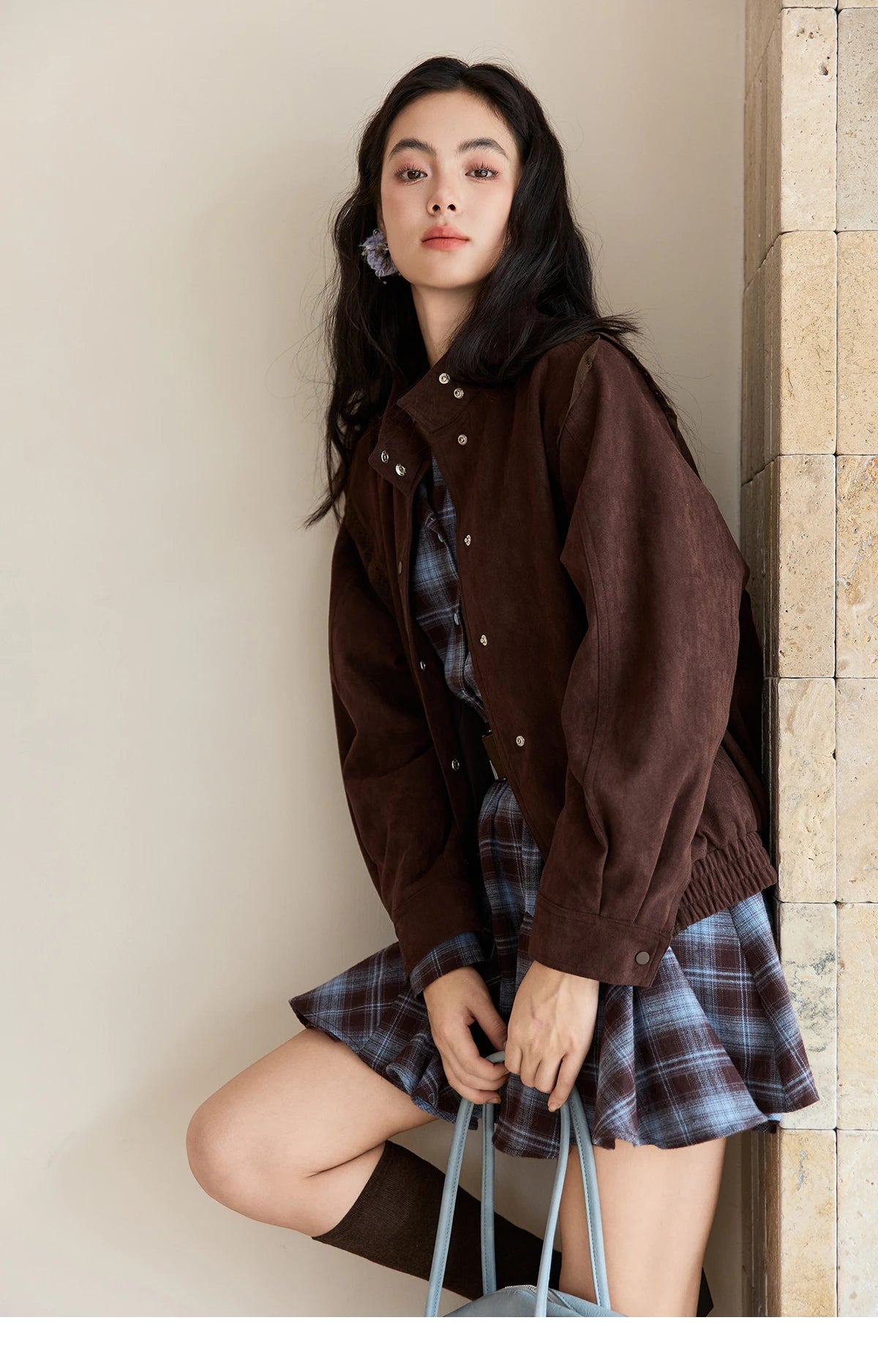 Mishow Blue Plaid Turn-Down Collar Belt Dress MXE48L2525