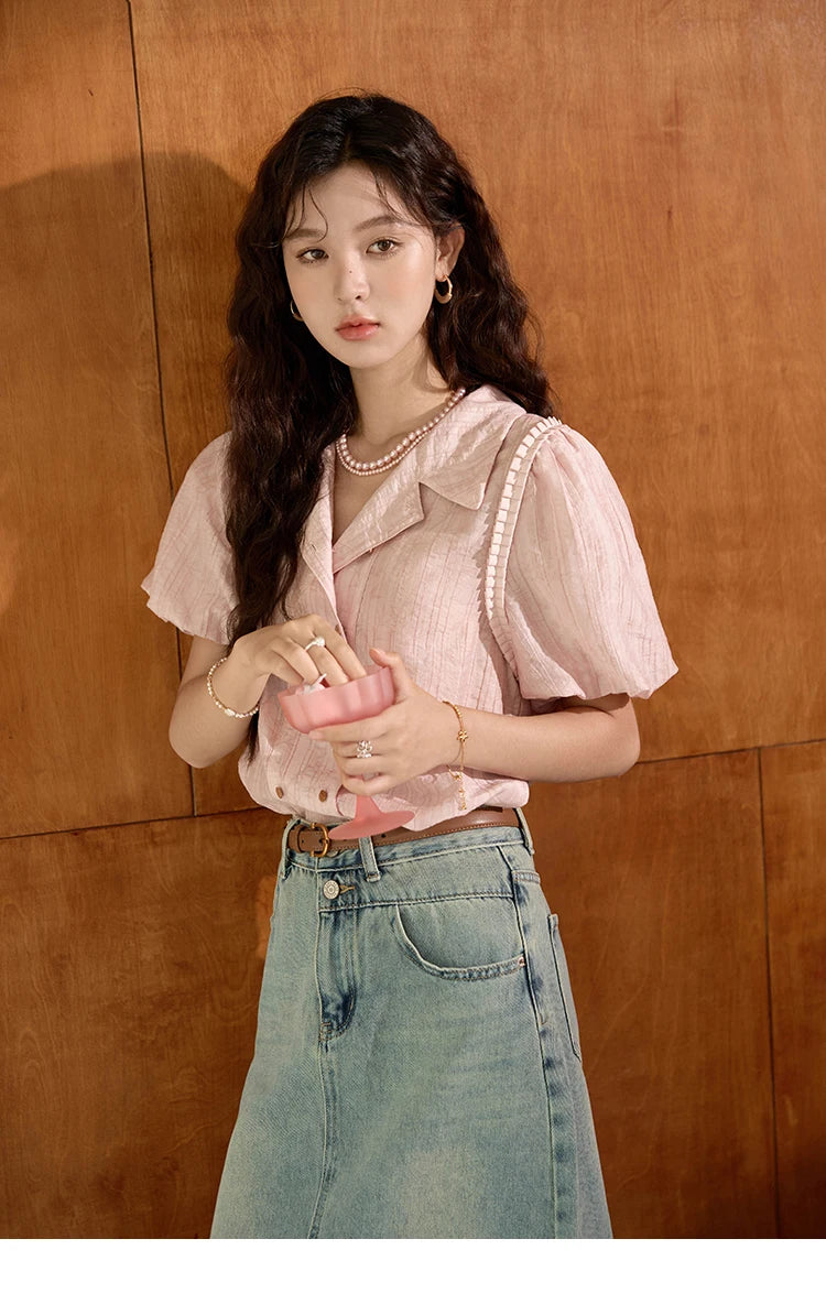 MISHOW Retro Pink Short Sleeve Shirt Ruffled Edge MXD29C0273