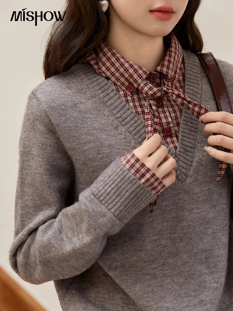 Mishow Fake Two-Piece Plaid Turn-Down Collar Sweater MXE89Z2605