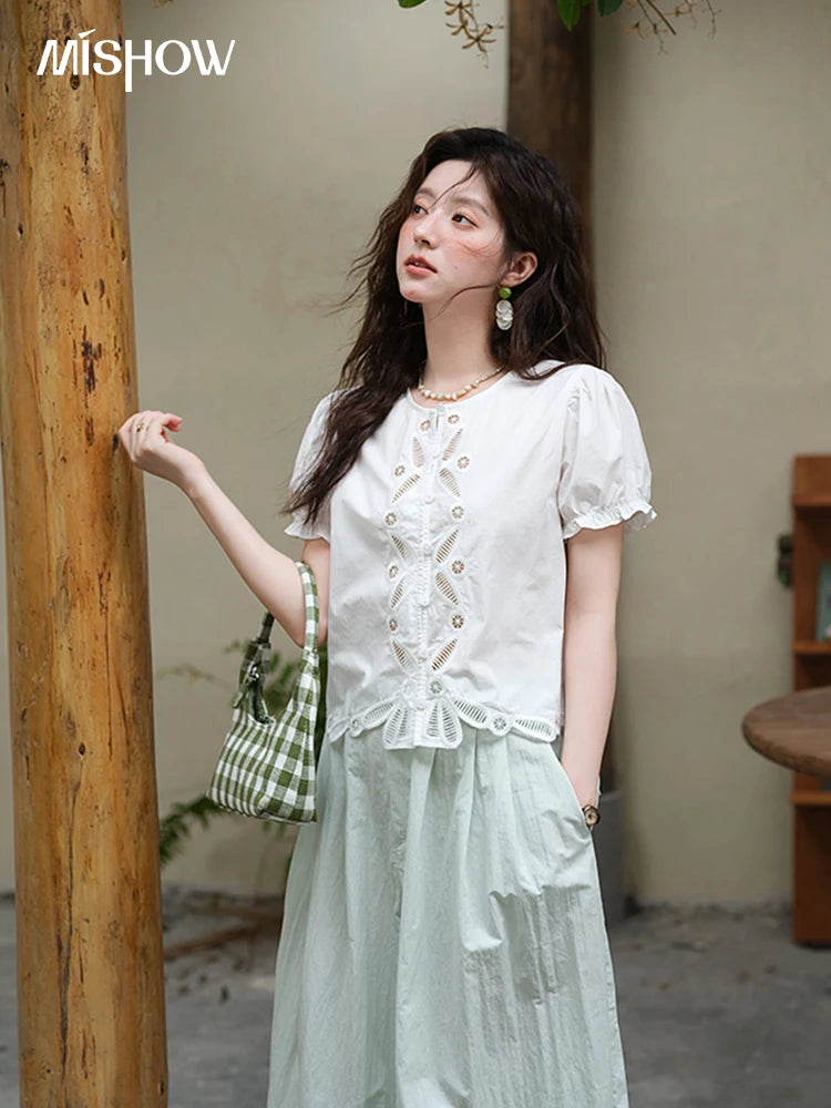 MISHOW 100% Cotton Hollow Embroidery Round Neck Puff Sleeve MXE39X1938
