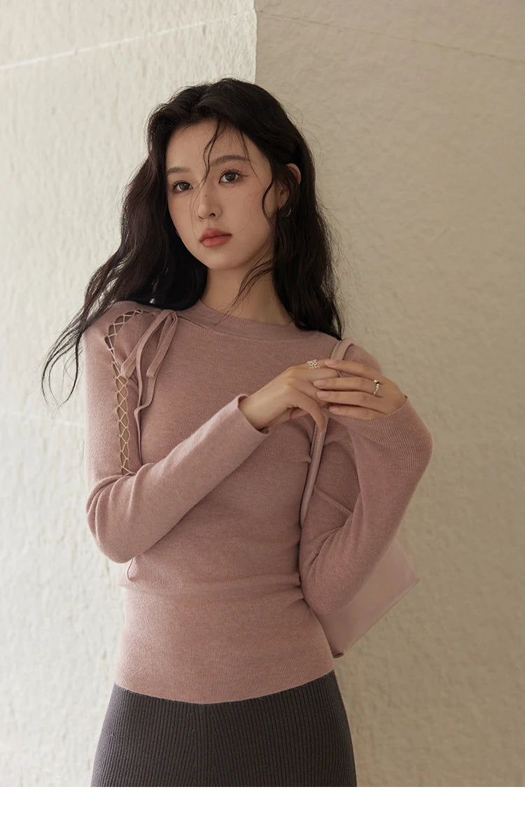 Mishow Hollow Tie Design Bottoming Knit Sweater MXD45Z0766