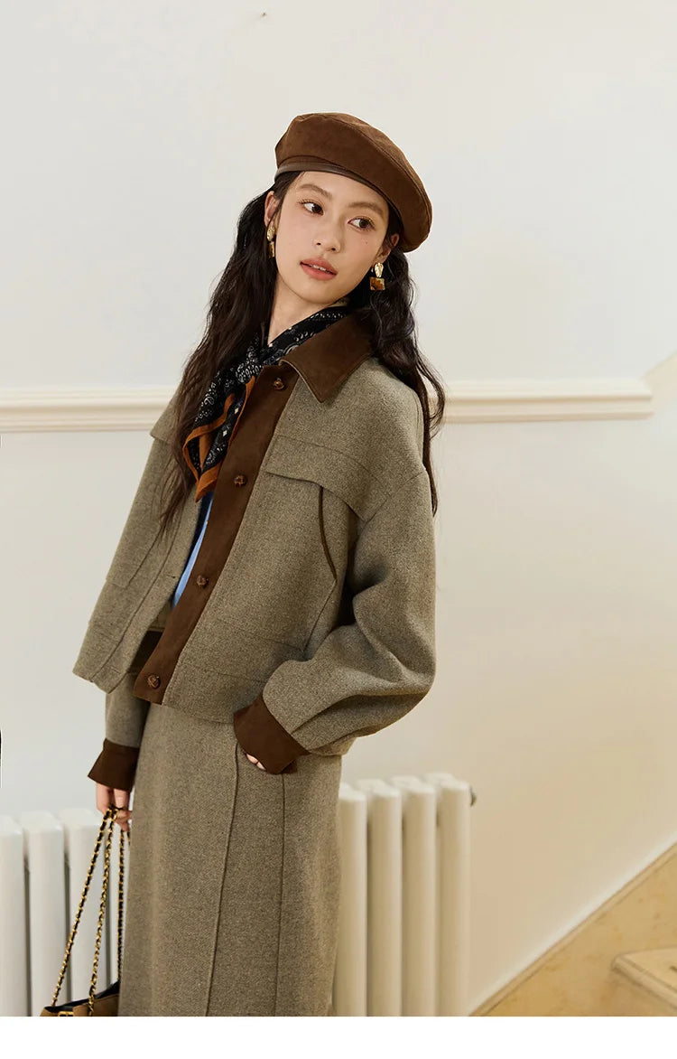 Mishow Contrast Suede Patchwork Wool Coat MXE46W0844