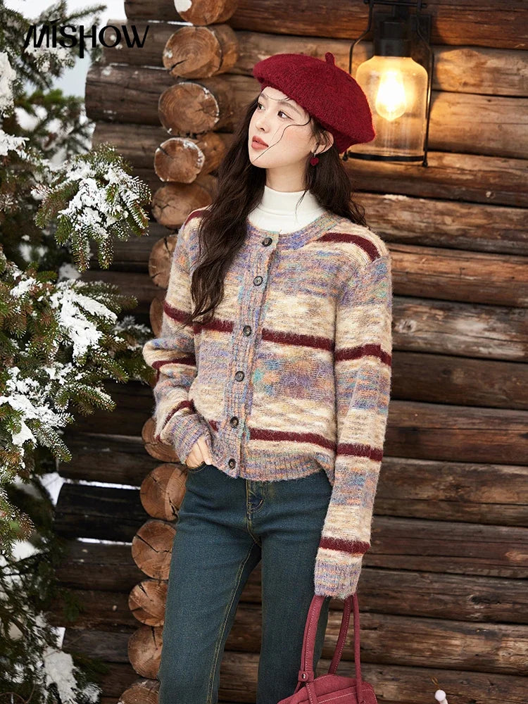 Mishow Striped Contrast Color O-Neck Cardigan MXD59Z1061