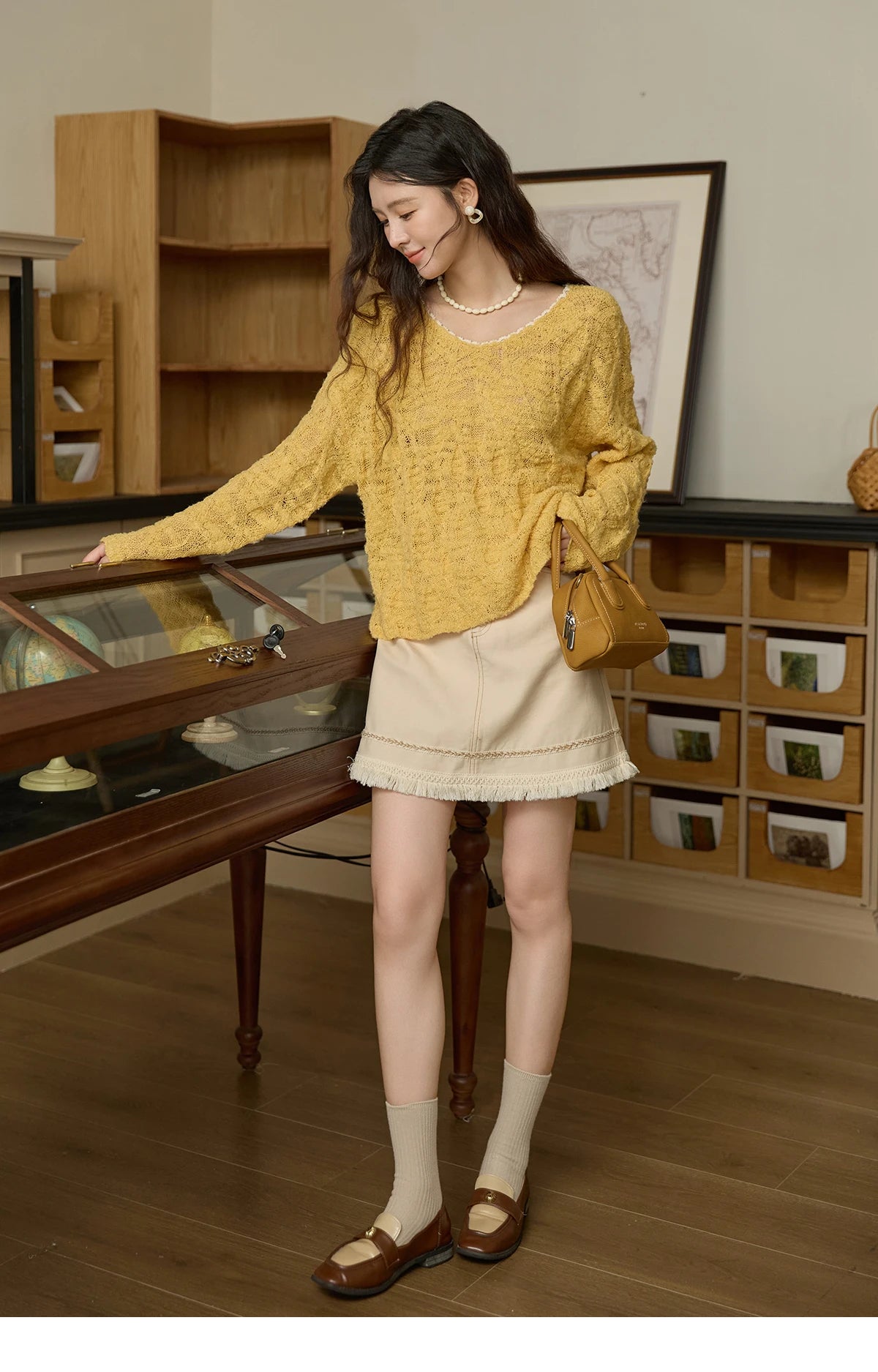 Mishow Bamboo Loop Yarn Hollow V-Neck Lace Sweater MXE43Z1349