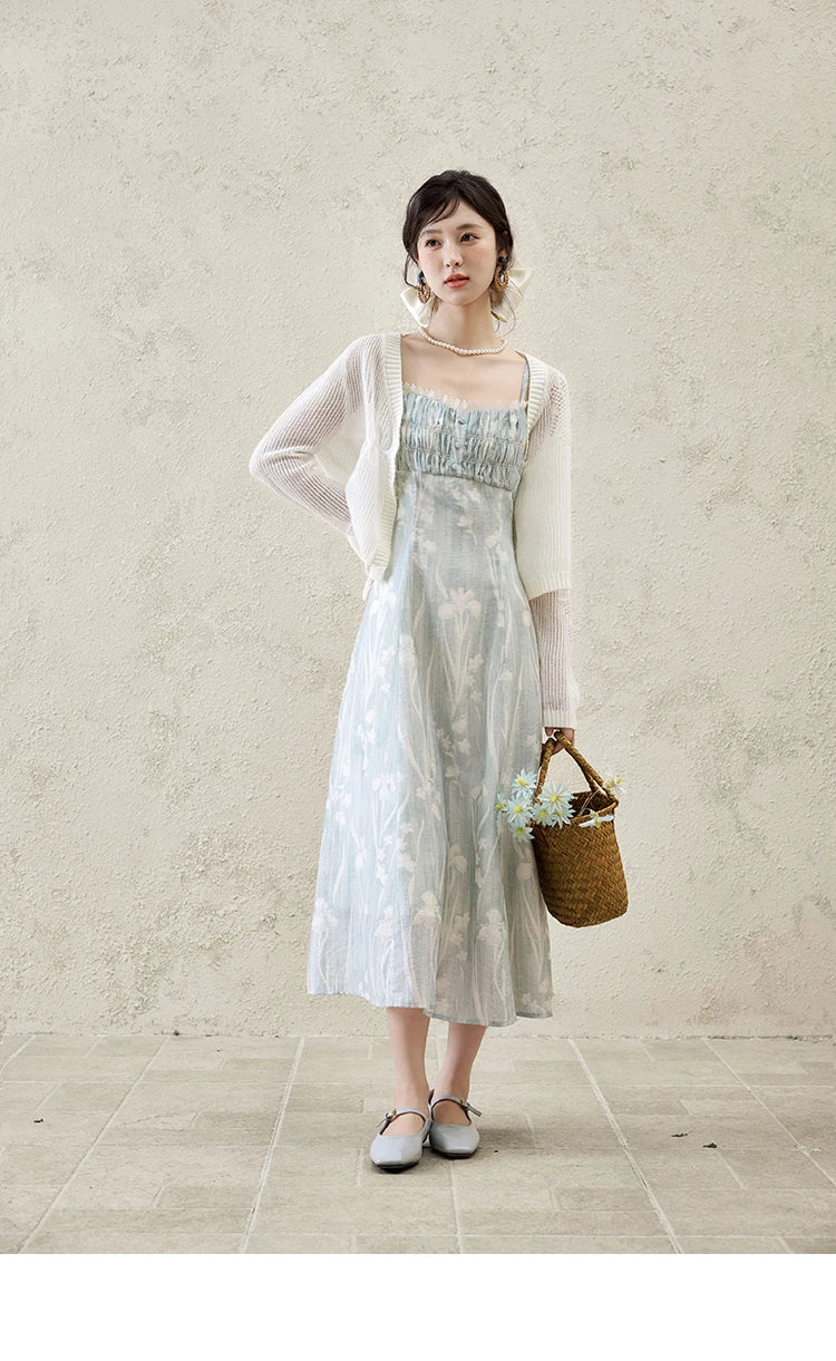 Mishow Print Square Collar Sleeveless Suspender Dress MXE16L2127