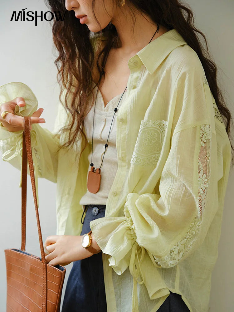 MISHOW Women's Patchwork Lace Shirt Lapel Drop Sleeve Drawstring Cuffs MXE31C0789