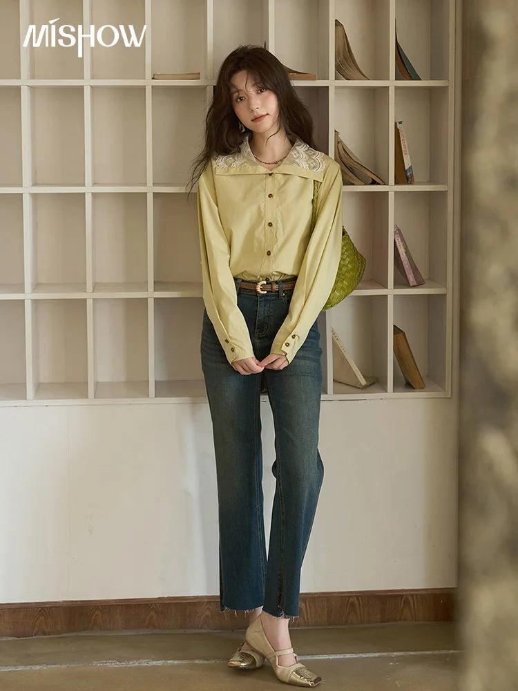 MISHOW Solid Cotton Shirt V-Neck Double Layer Lace MXE41C2366