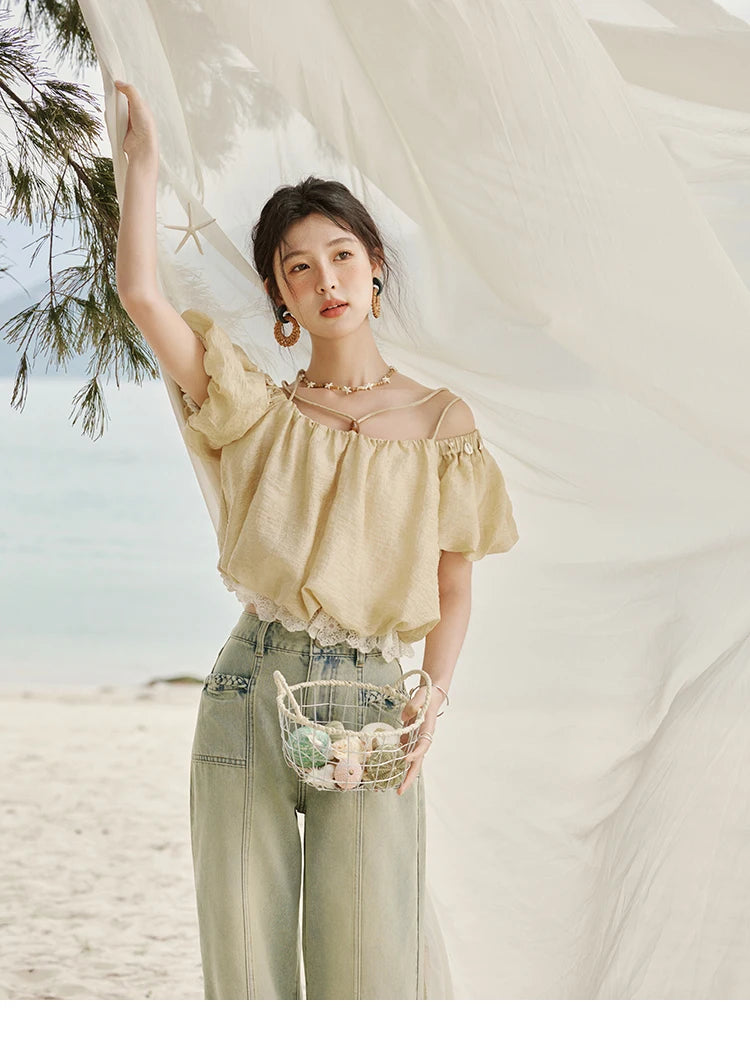 MISHOW French Camisole Shirt Off-Shoulder Lace Puff Sleeve MXE33X1755