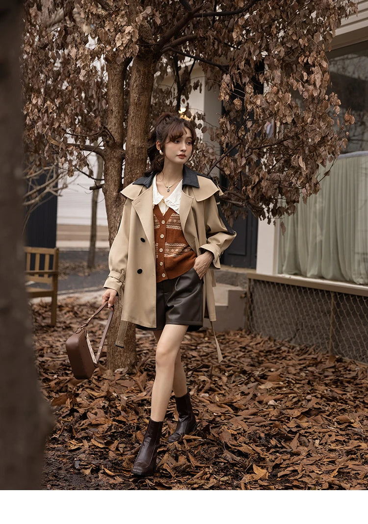 Mishow Polo Collar Patchwork Long Trench Coat MXB33W0399