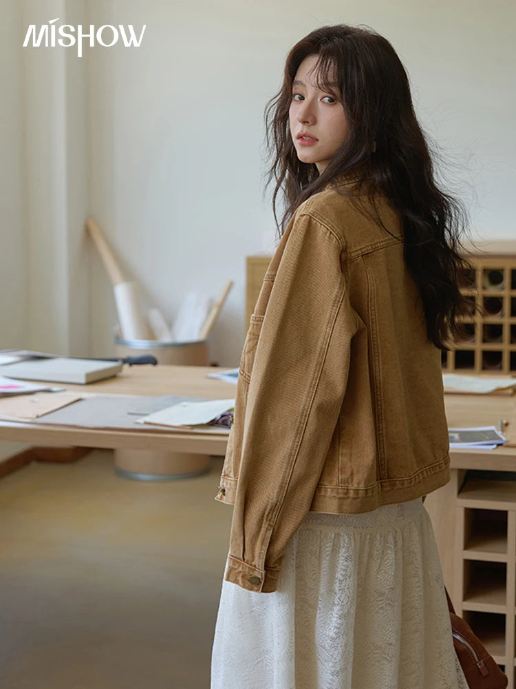 MISHOW Light Brown Denim Jacket Embroidered Pockets Dropped Sleeve MXE41W0795