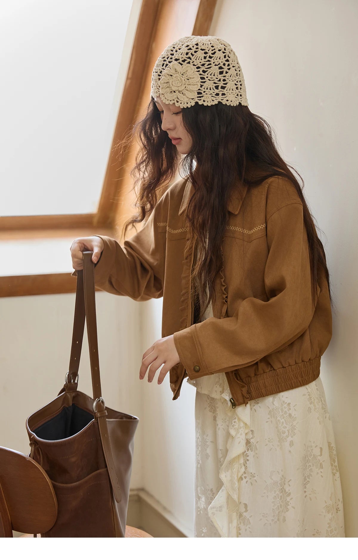 MISHOW Brown Suede Short Coat Fungus Edge Pleating Lapel Zipper MXE43W0803
