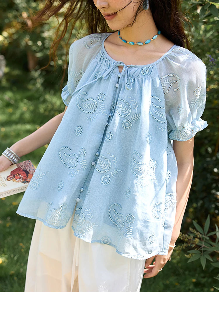 MISHOW Embroidered Flower Shirt Puff Sleeve Round Neck MXE39X1922