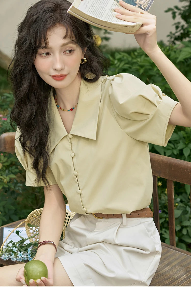 MISHOW Bubble Sleeve V-Neck Shirt Lapel Collar Loose MXD28X1471
