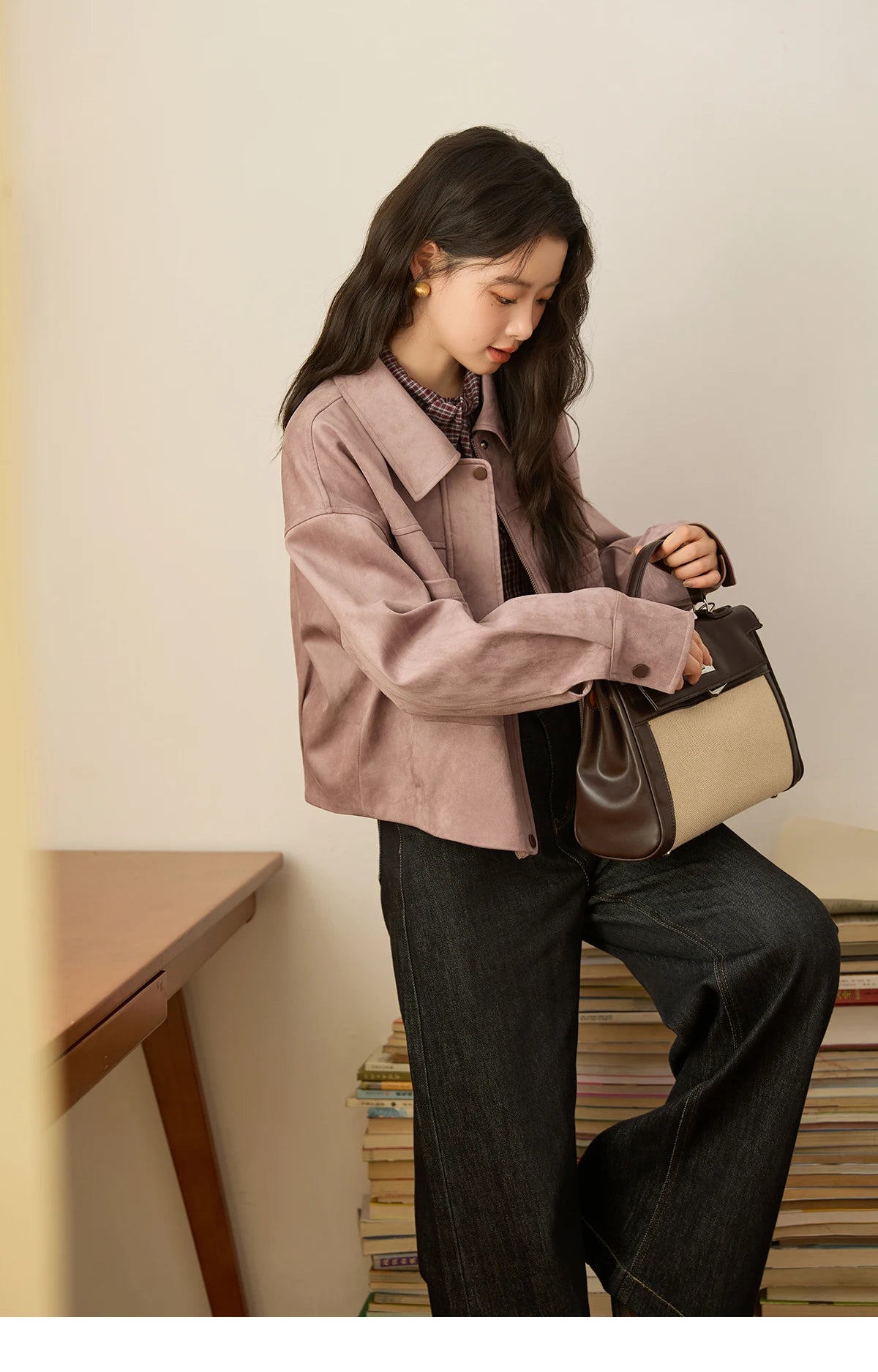 MISHOW Taro Purple Leather Jacket Contrast Splicing Double-Layer Pocket MXE44W0816