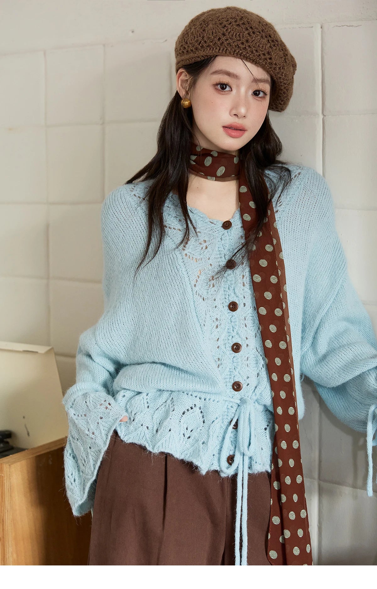Mishow Hollow Knit V-Neck Flared Sleeve Cardigan MXE47Z2513
