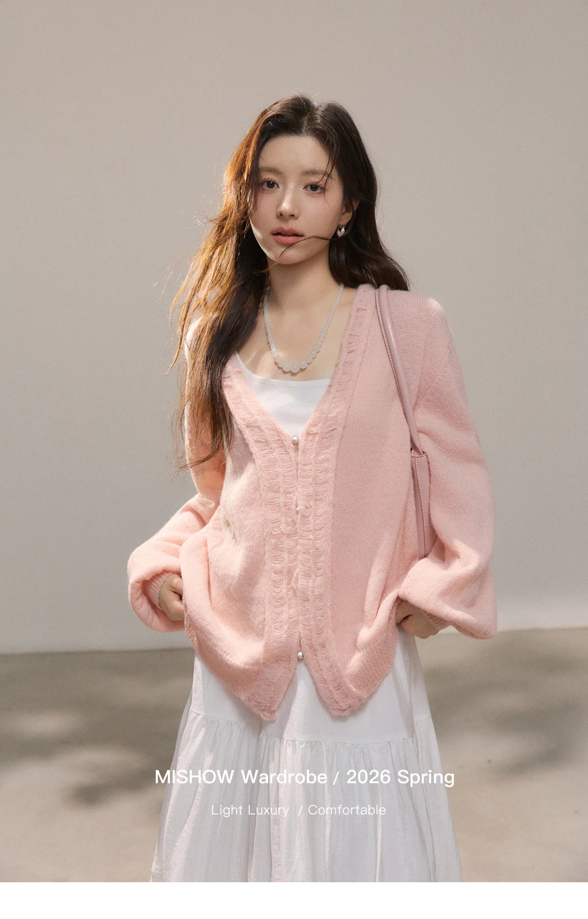 Mishow Pink Ruffled Pearl Button V-Neck Cardigan MXF108Z1028