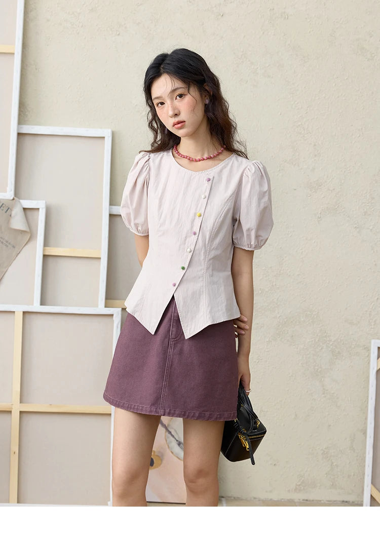 MISHOW Bubble Sleeve Blouse Irregular Placket Rainbow Buttons MXE34X1782
