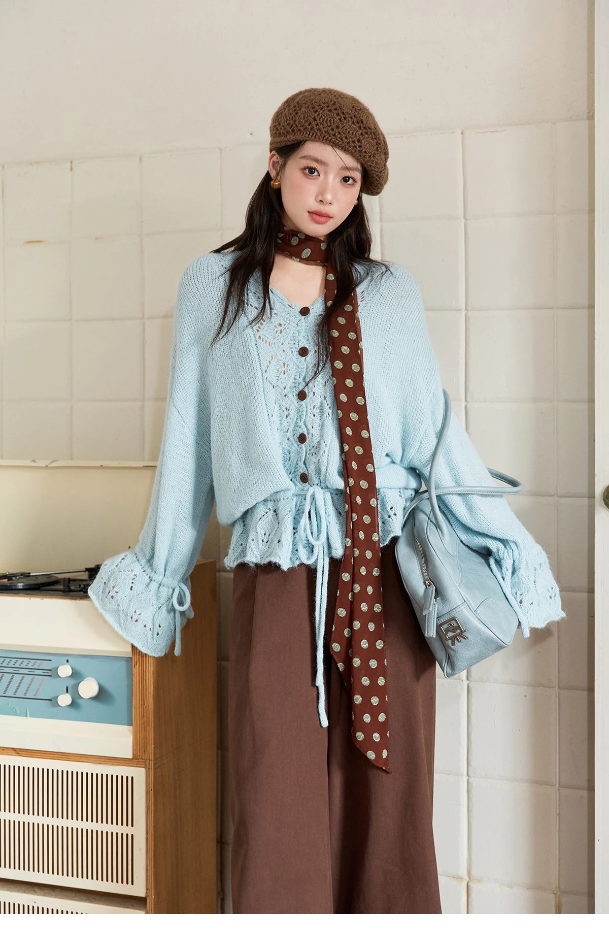 Mishow Hollow Knit V-Neck Flared Sleeve Cardigan MXE47Z2513