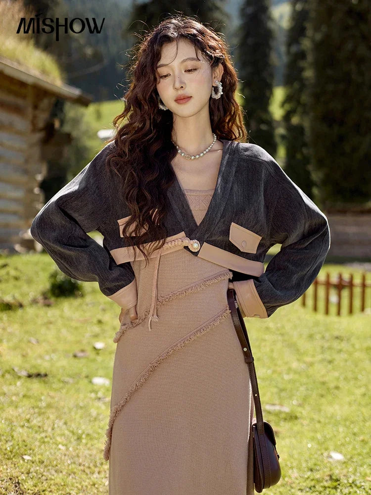 Mishow Chenille Coat & Square Neck Tassel Dress Set MXD43L2041