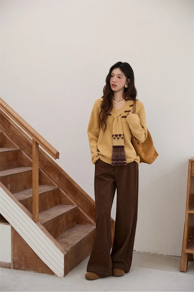 Mishow Yellow V-Neck French Workwear Pullover MXE87Z2771
