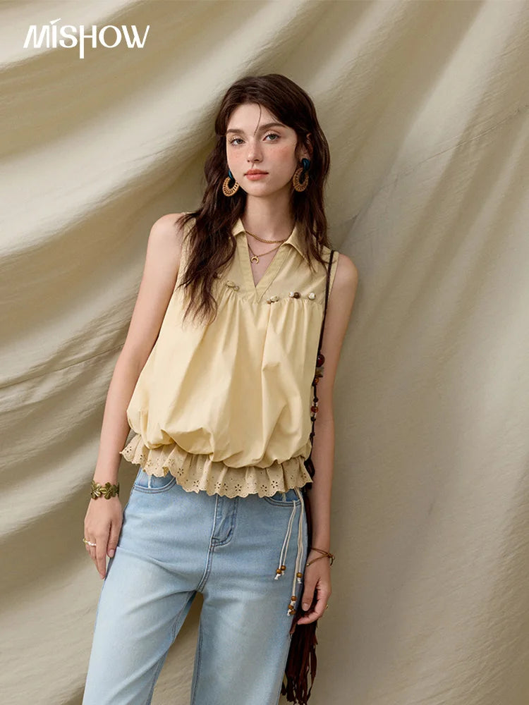 MISHOW Sleeveless Blouse Turn-Down Collar Hollow Lace MXE31X1760