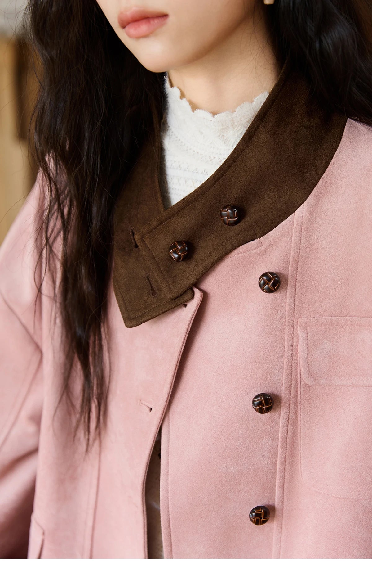 MISHOW Pink Coffee Suede Jacket Stand Collar Contrast Color MXE48W0851