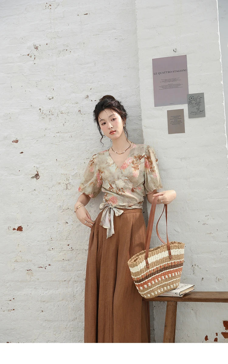 MISHOW French V-Neck Floral Puff Sleeve Blouse MXD28X1619