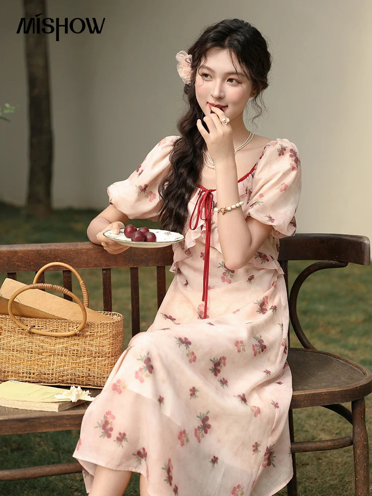 MISHOW Korean Floral Bubble Sleeve Lace-Up Dress MXD31L1924