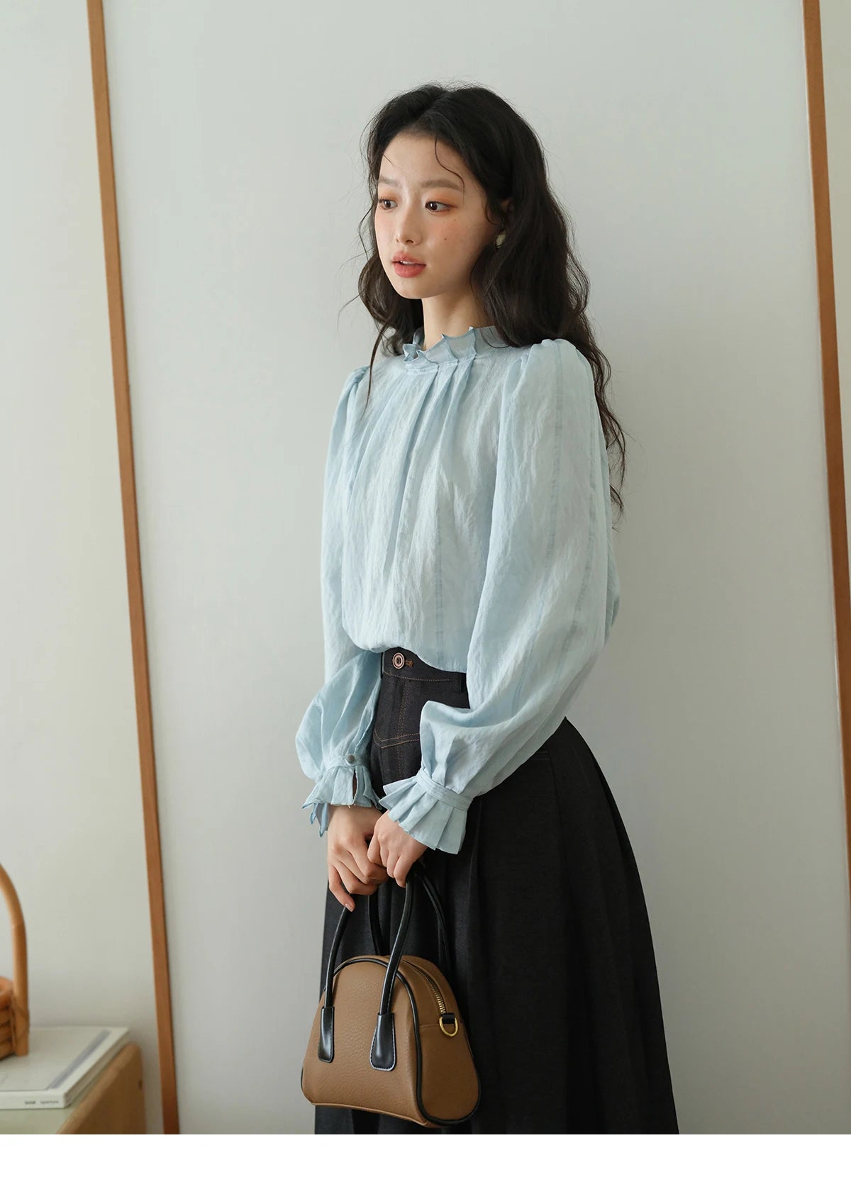 MISHOW Blue Jacquard Blouse Stand Collar Bubble Sleeves MXE41X1934