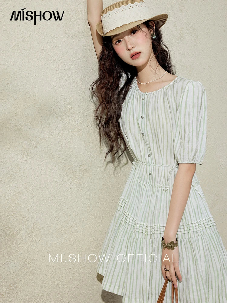 MISHOW French Green Striped Puff Sleeve Dress MXE15L2141