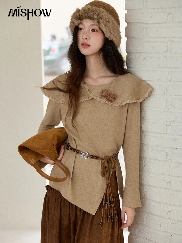 Mishow Retro Brown 3D Flower Decoration Round Neck Top MXE51Z2593