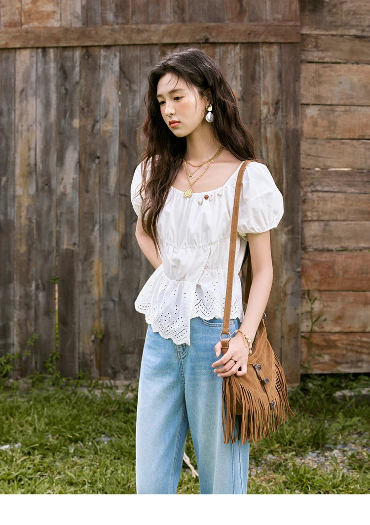 MISHOW Solid Short Puff Sleeve Blouse Hem Hollow Beading MXE33X1776