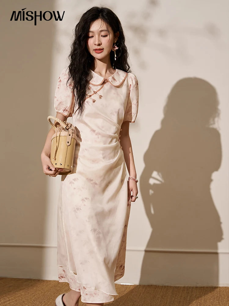 Mishow Chinese Doll Collar Pink Bamboo Print Dress MXD22L1829