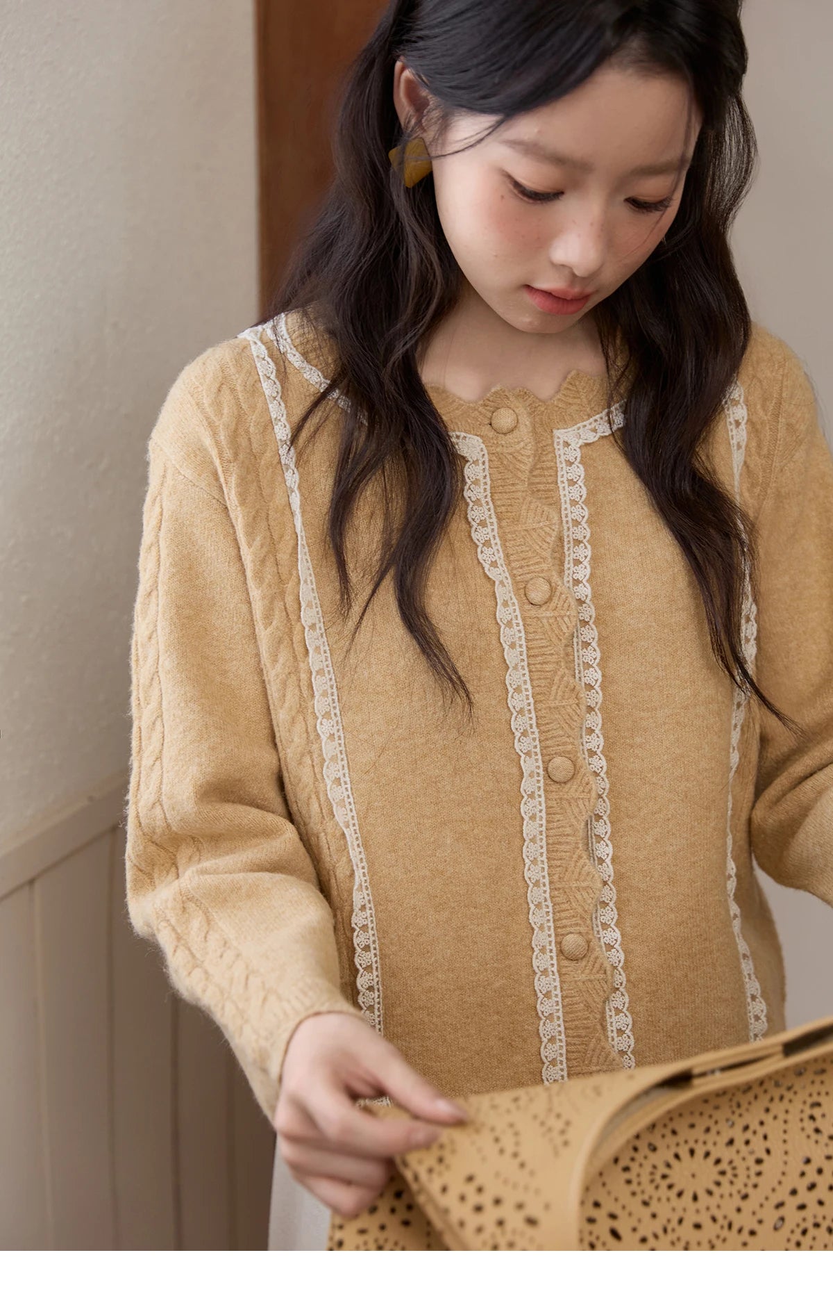 Mishow Yellow Lace Stitching Cable Knit Cardigan MXE51Z2546