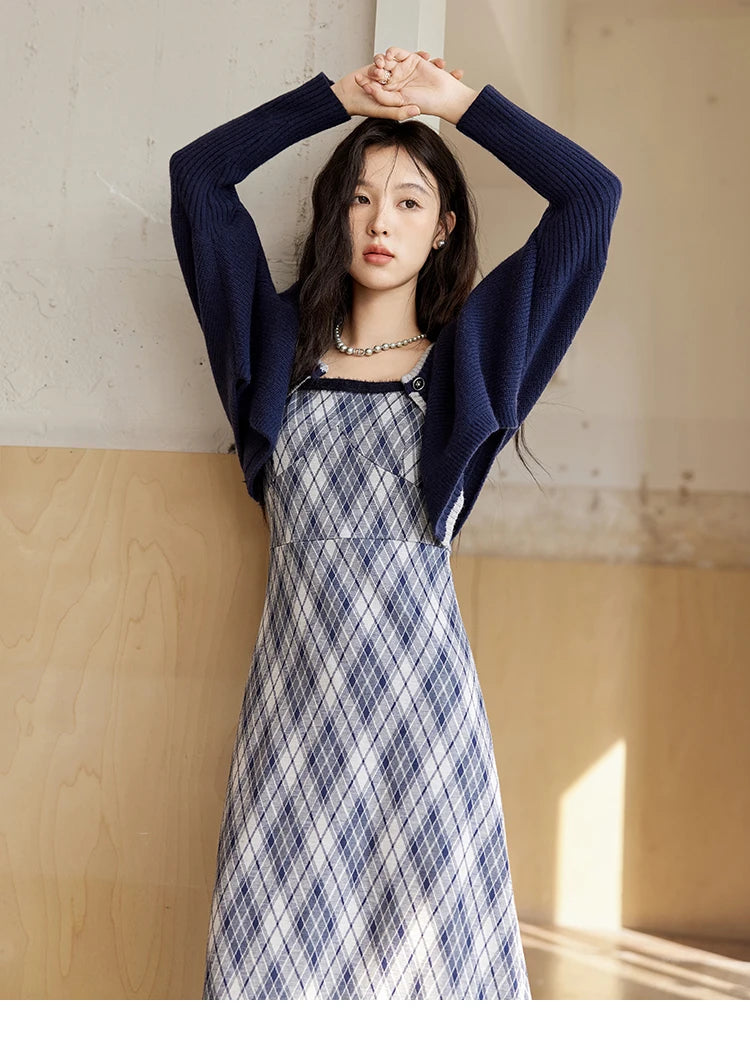 Mishow French Knitted Cardigan & Plaid Camisole Dress Set MXD43L2012